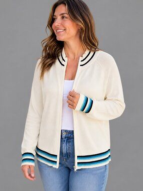 Vintage IZOD Woman Full Zip Sweater 2X Cream Striped Trim Y2K